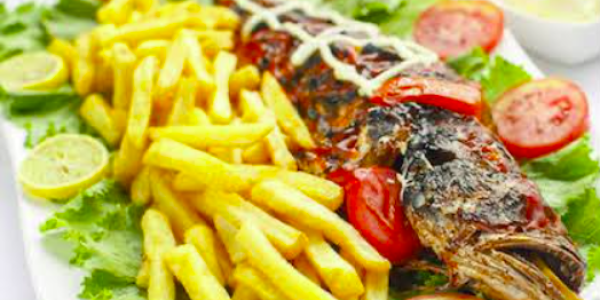 Grilled Croaker fish n Sides (fried yam / potato / sweet potato)